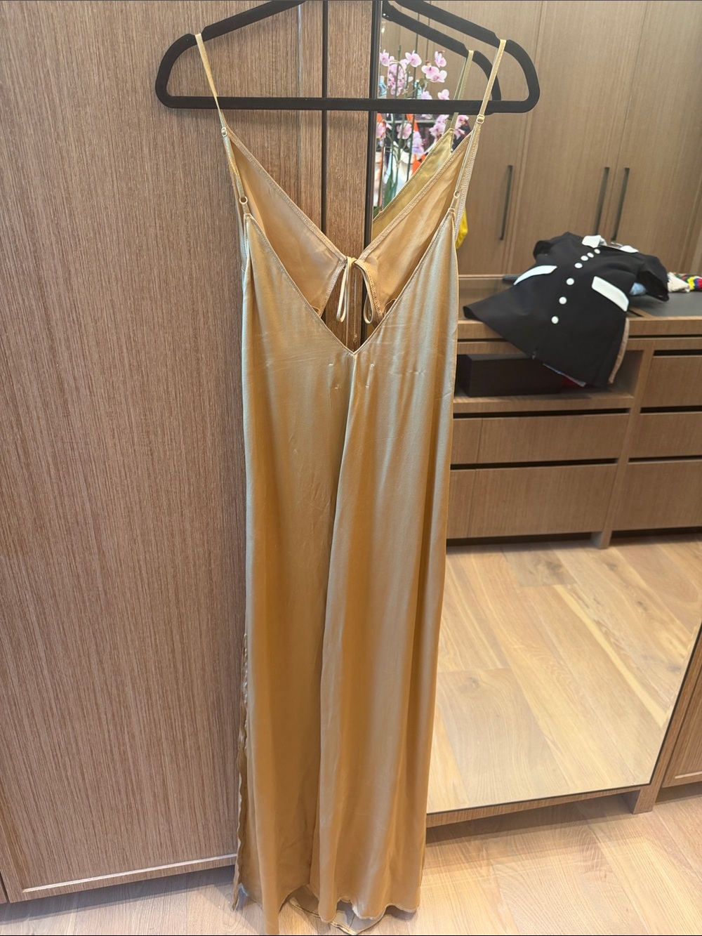 Reformation Gold Satin Slip Maxi Dress with Tie Front - Picture 4 of 5